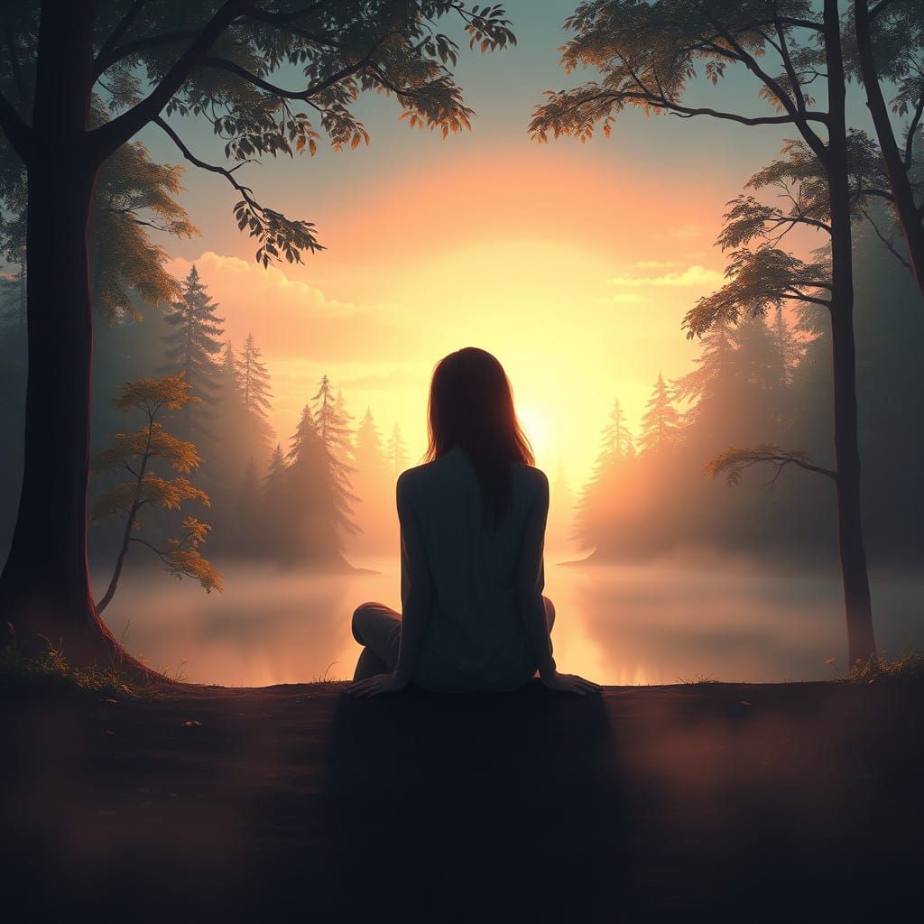 Serenely Contemplative Figure in a Misty Forest Sunset