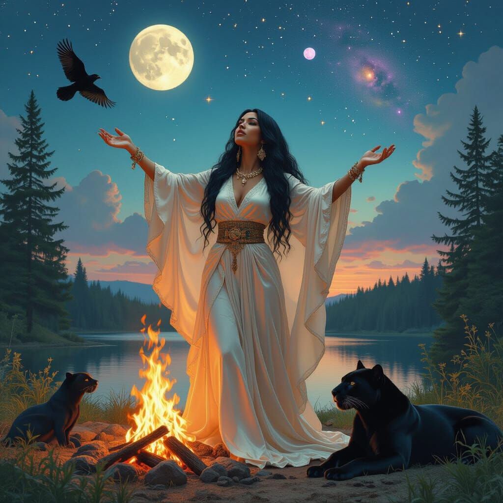 Opalescent Shaman in Emerald Fire Landscape