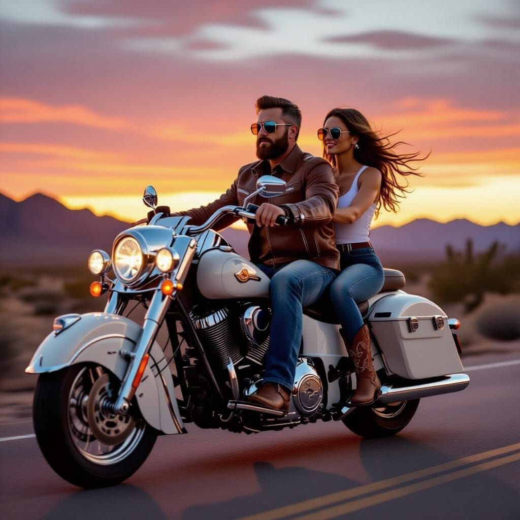 Motorcycle Ride Through Arizona Desert at Sunset