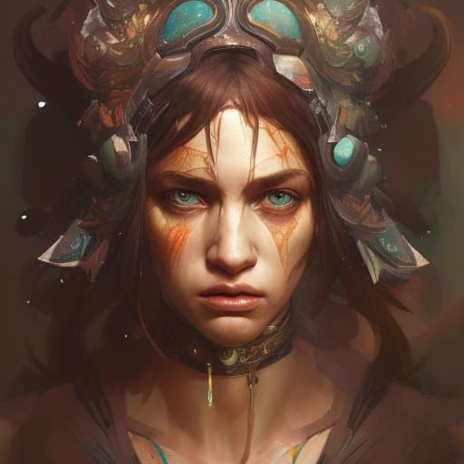 Amazon Warrior Queen Portrait in Art Nouveau Style