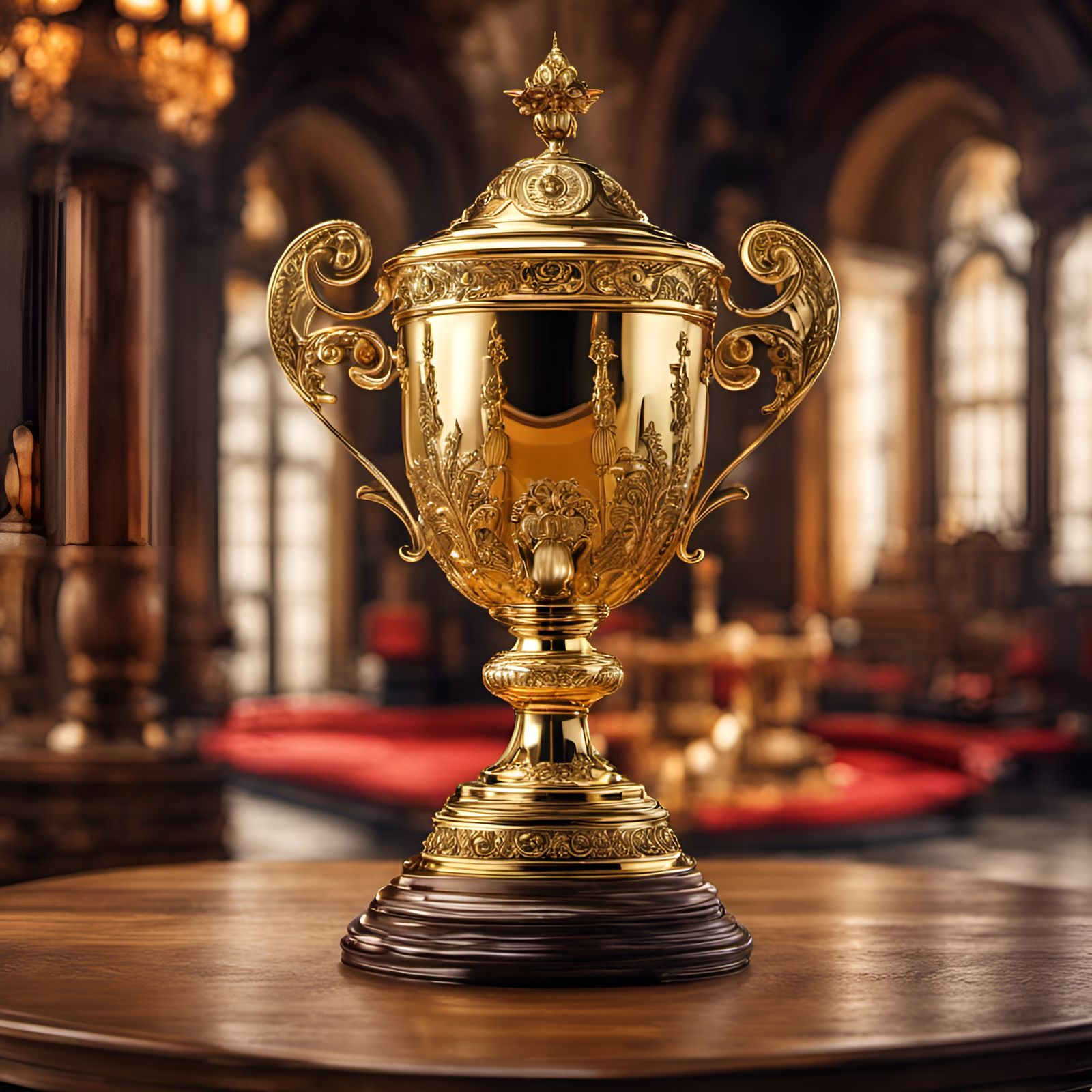 Golden Jugendstil Trophy on Wooden Table