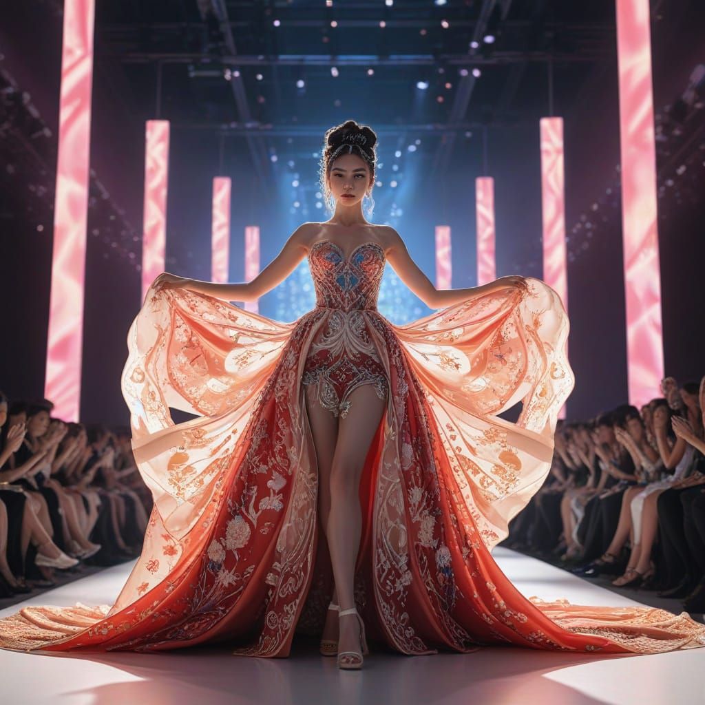 Anime Model Struts on Vibrant Runway in High Fashion Style