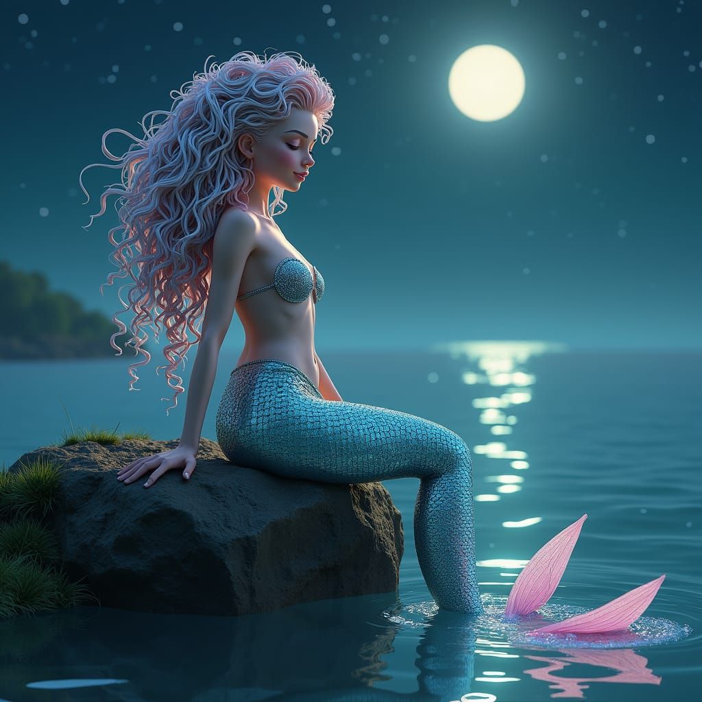 Cyber Mermaid Under Starry Sky in Neon-Lit Style