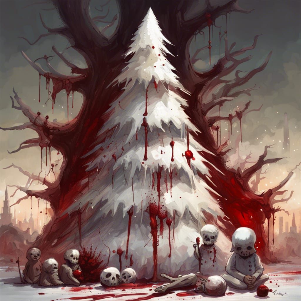 Sinister Christmas Tree with Blood and Broken Toys