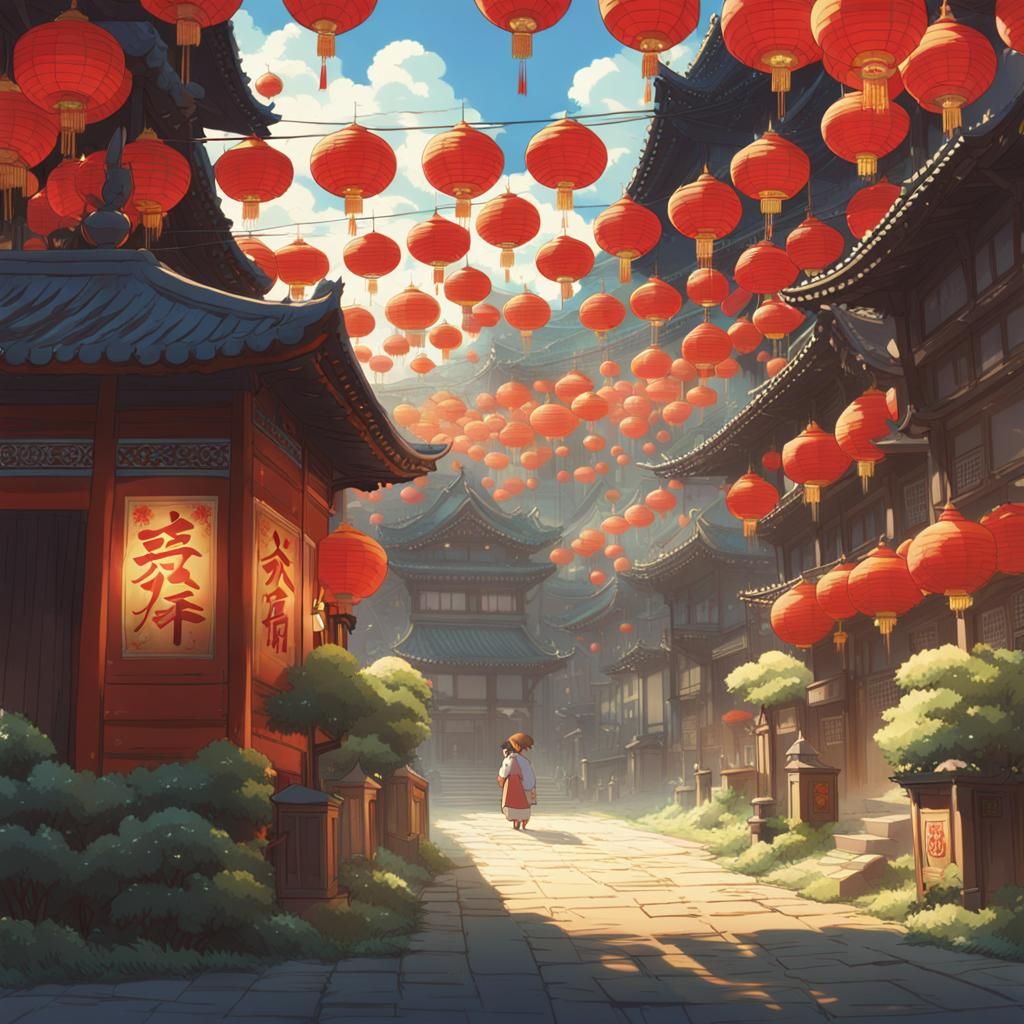 Chinese New Year in Studio Ghibli Anime Style