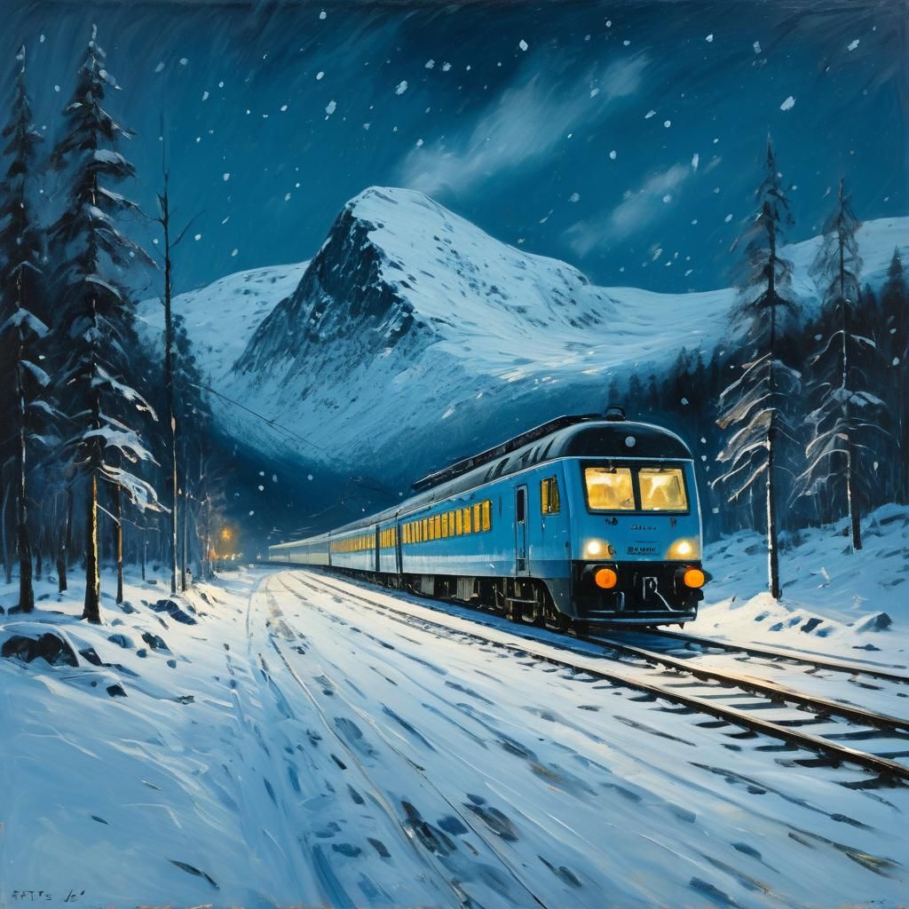 Norwegian Train at Night in Impressionistic Style