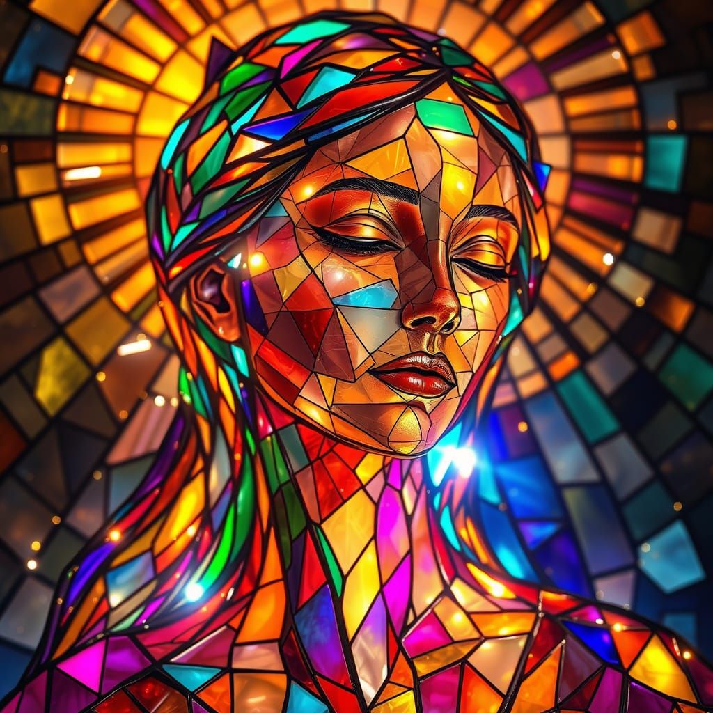 Glowing Stained Glass Portrait in Luminous Mosaic Style