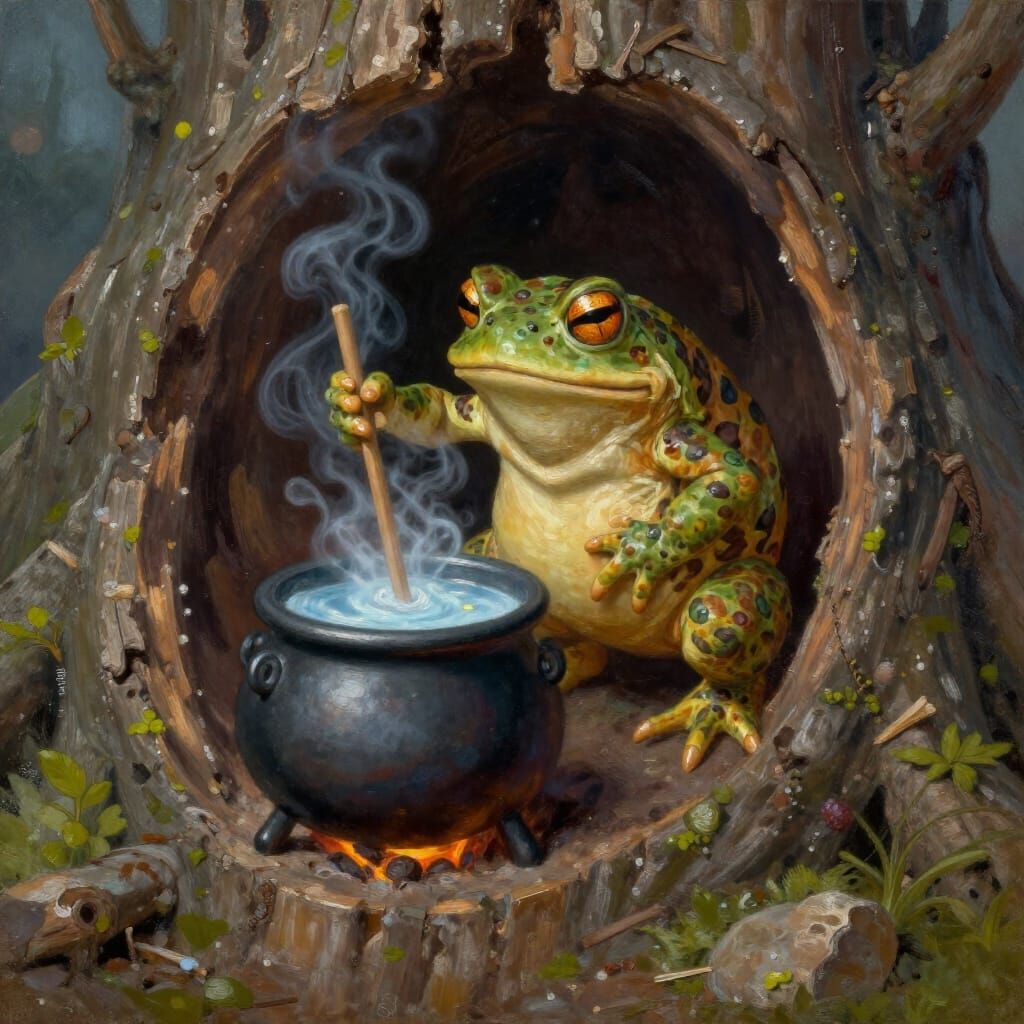 Toad Wizard Stirs Cauldron in Hollow Stump Oil Painting