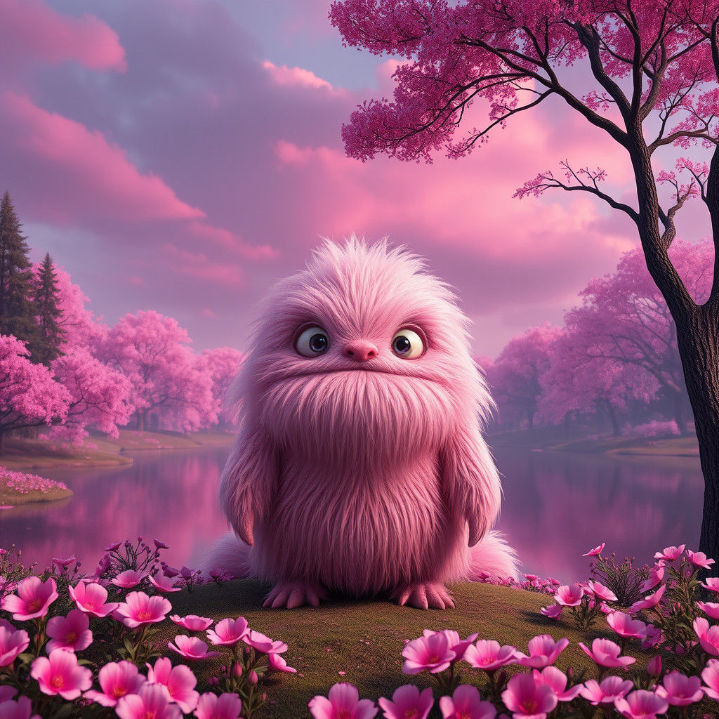 Fluffy Pink Monster in Pink Landscape: Digital Art