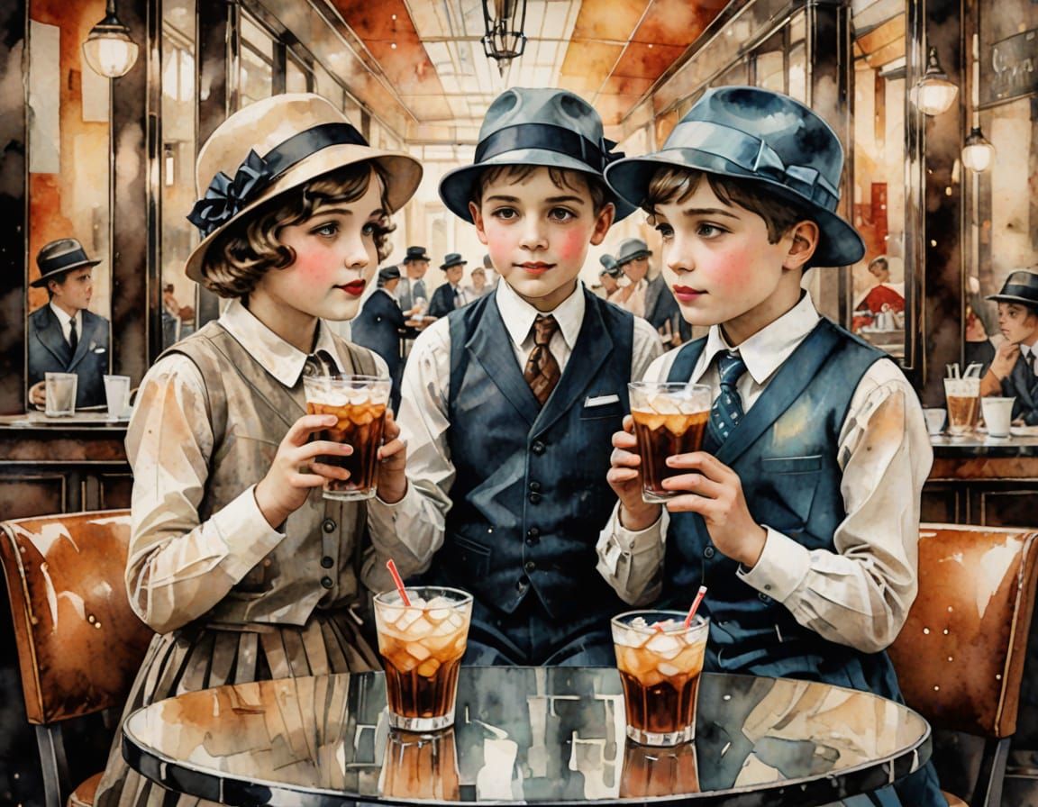 Art Deco Cafe Scene with Children, Mixed Media