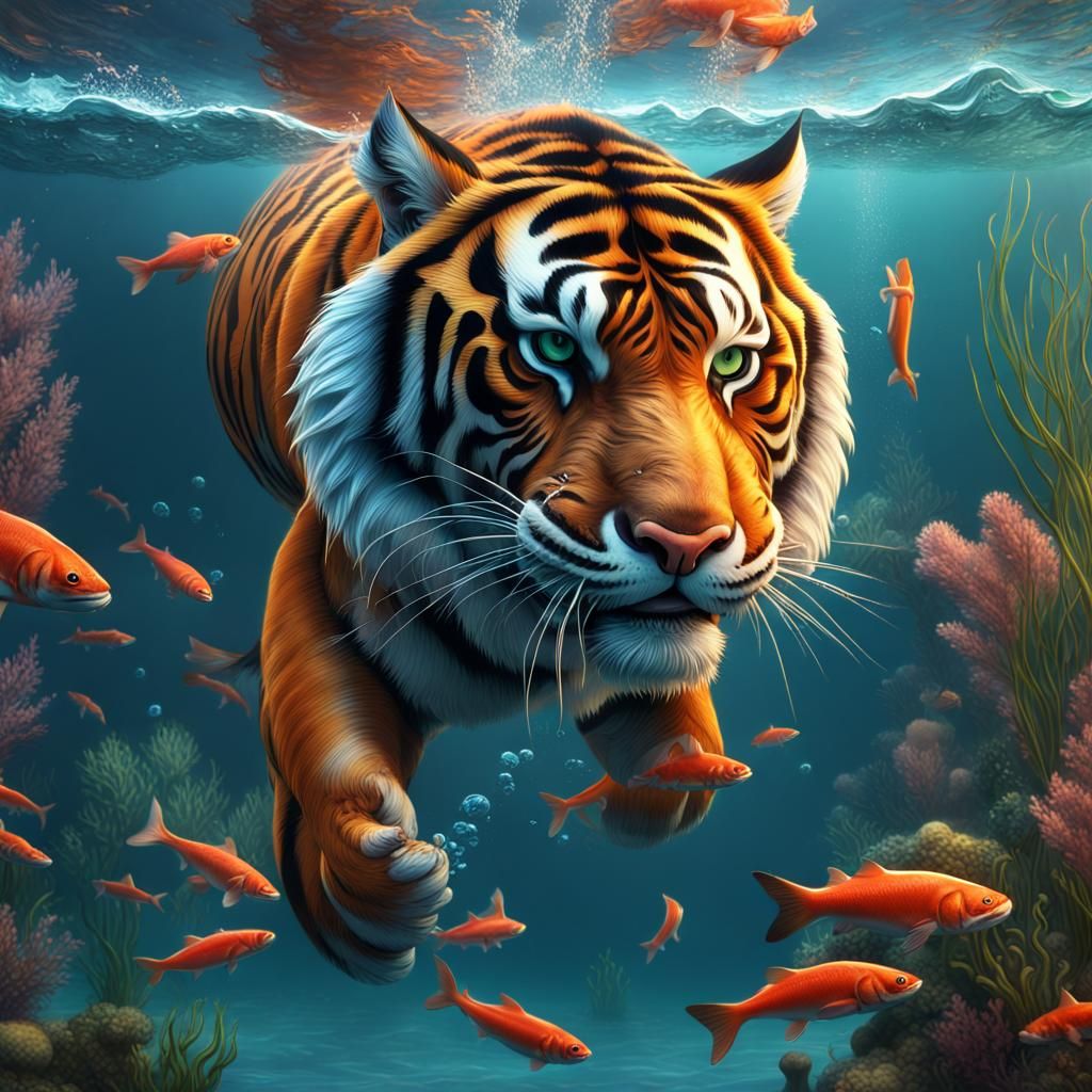 Underwater Tiger Eating Salmon in Vibrant Fantasy Art