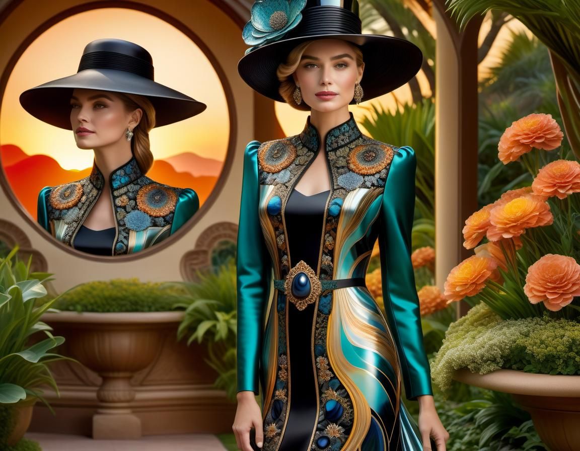 Woman in Agate Couture Gown, Tiffany Glass Art