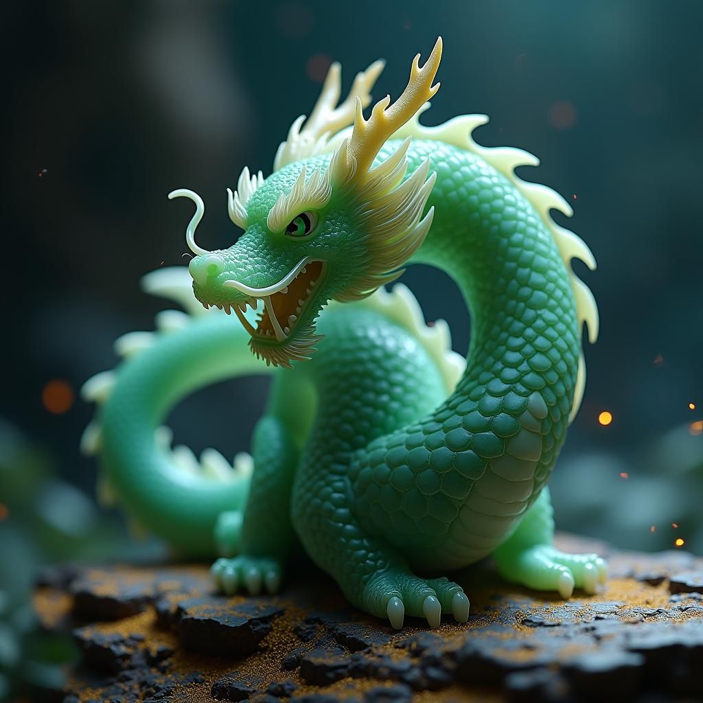 Green Jade Dragon Figurine, Matte-Painted Style