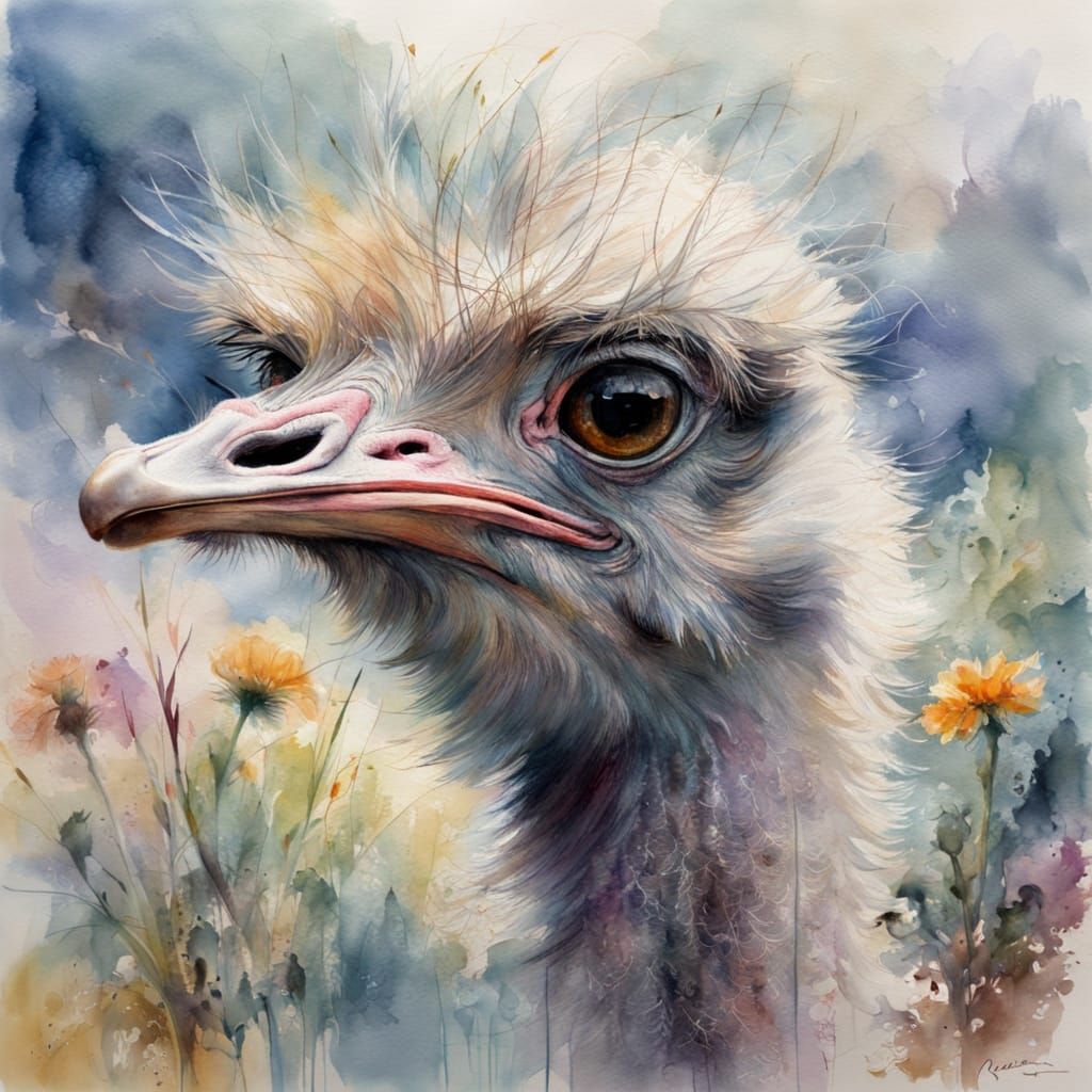 Enchanted Ostrich in Whimsical Watercolour