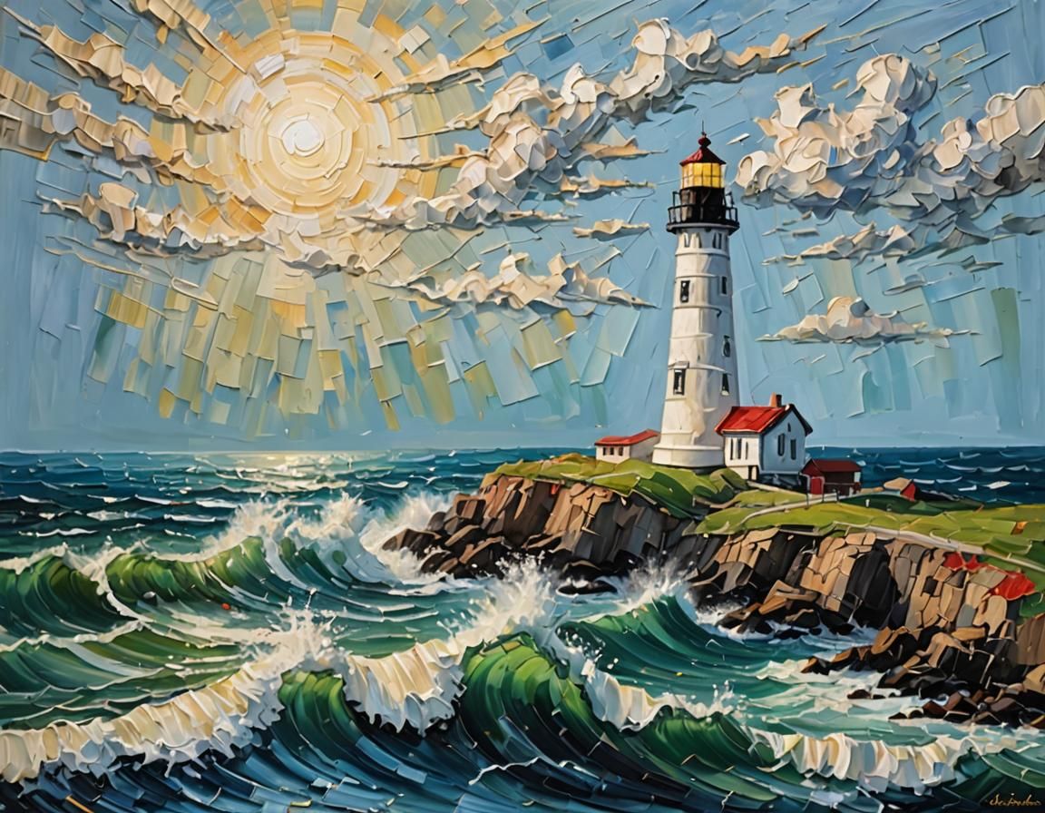 Impasto Lighthouse by a Choppy Ocean