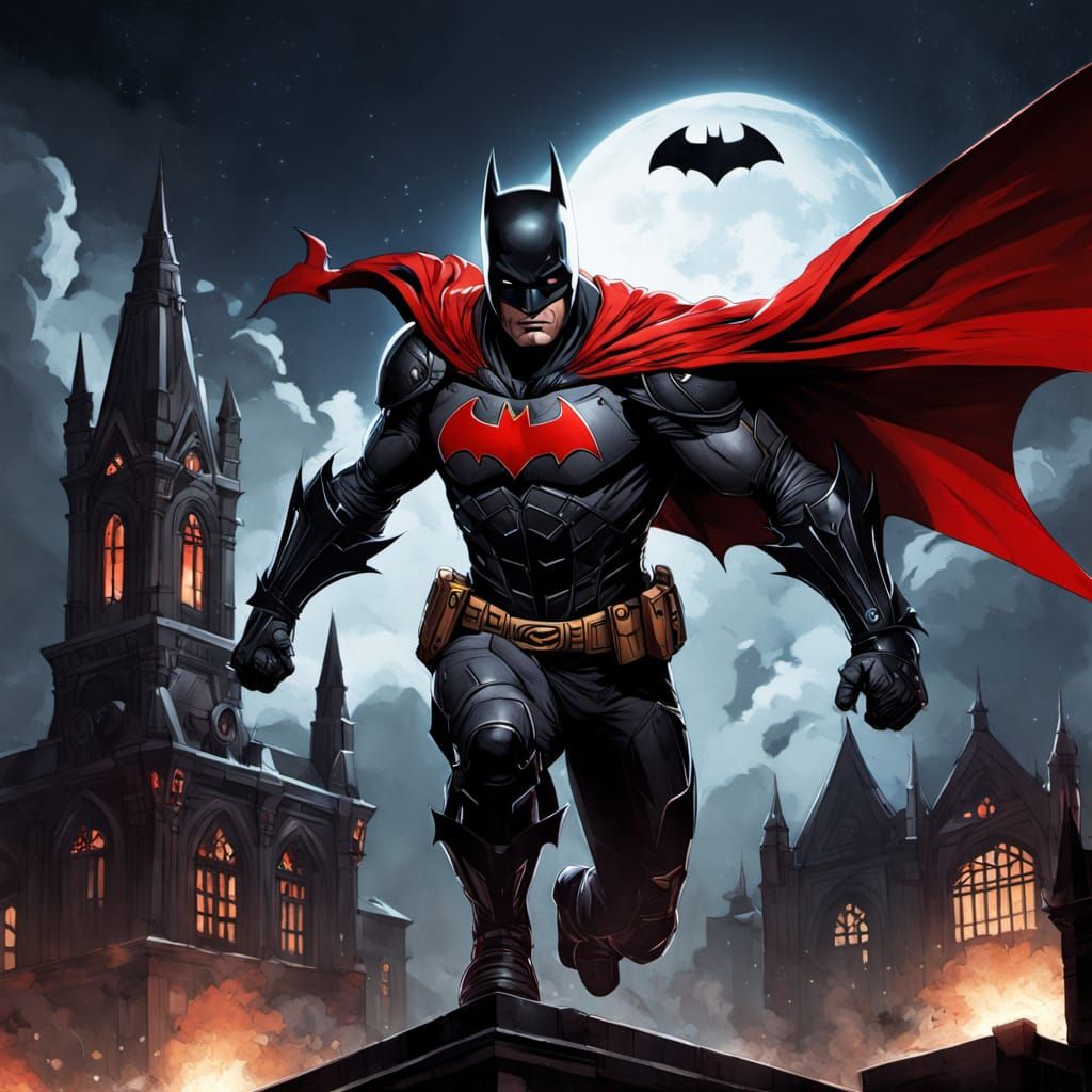 Batman in Red and Black Wonderbat Armor Leaping Between Buil...