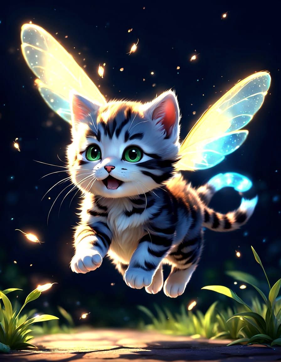 Cute Kitten Soars Through a Breathtaking Firefly Night
