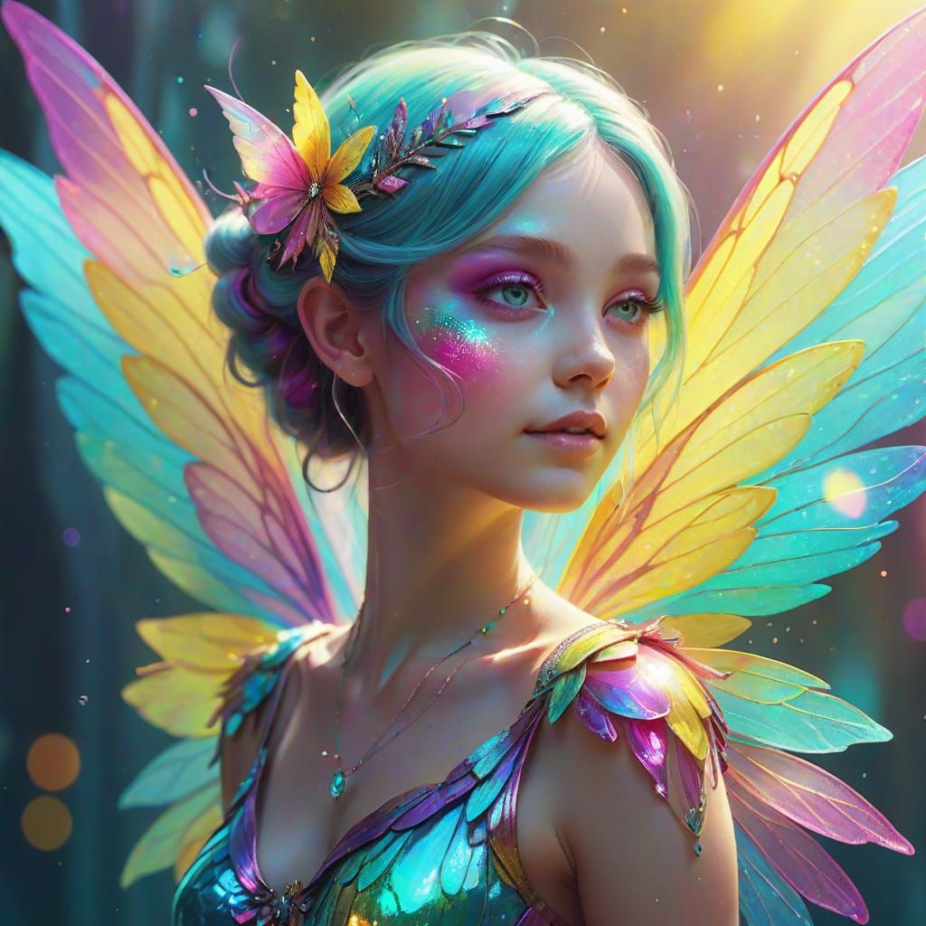 Radiant Fairy with Rainbow Wings in Pastel Colors