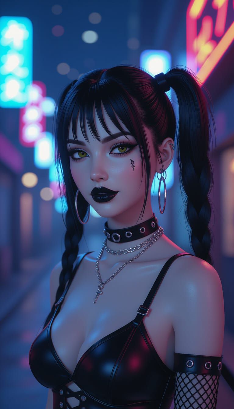 Neo-Gothic Woman in Neon-Lit Unreal Engine Portrait
