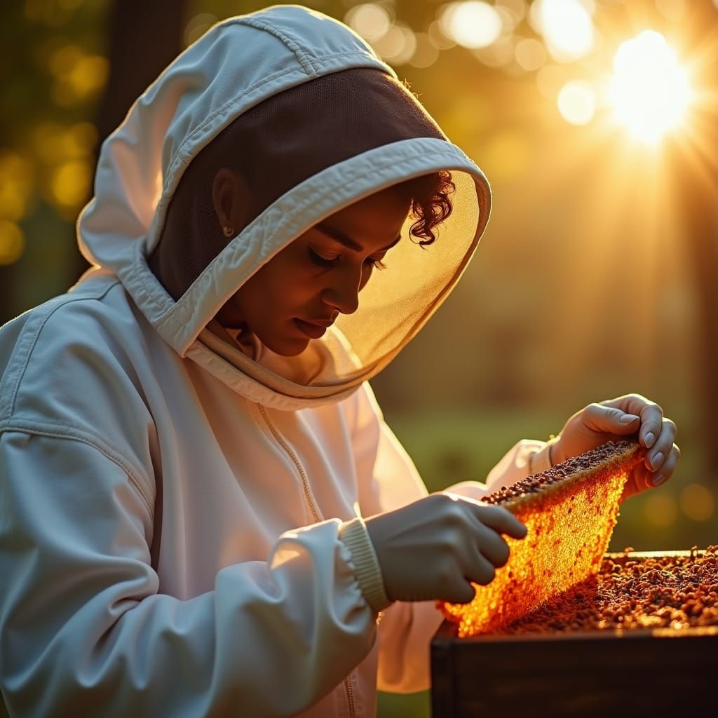 Black Woman Harvesting Honeycomb in Dramatic Lighting