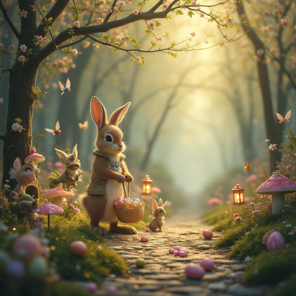 Whimsical Easter Bunny Scene in Enchanted Forest at Dawn