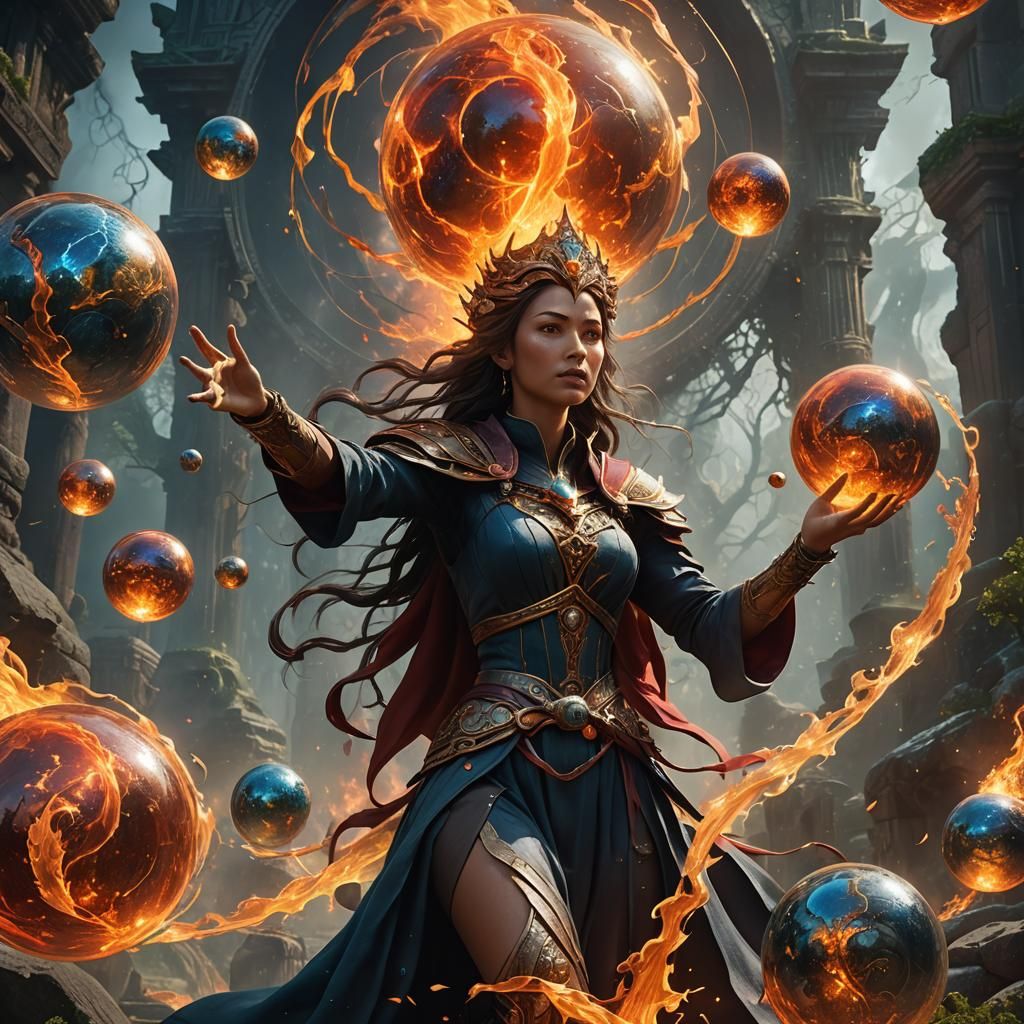 Woman Manipulating Fire in Detailed Matte Painting