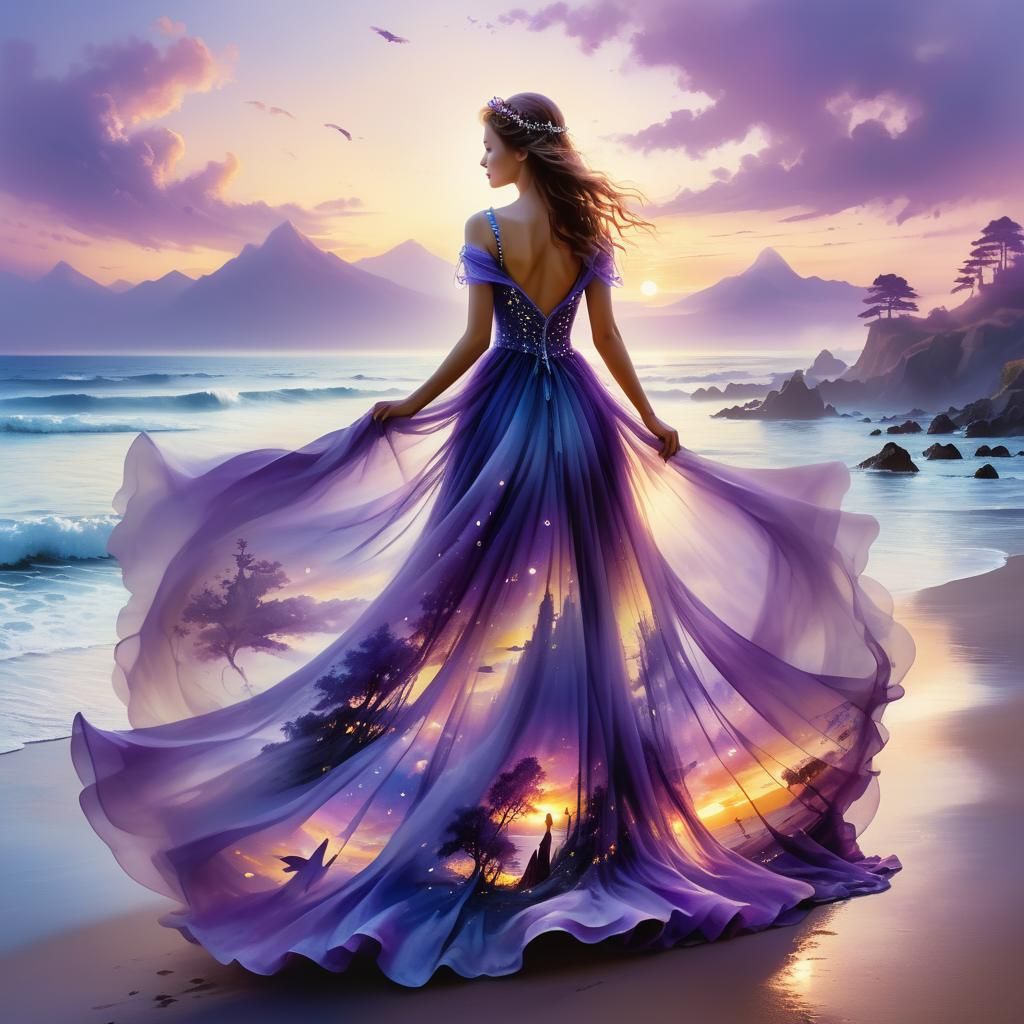 Ethereal Woman with Fairies on Sunset Beach