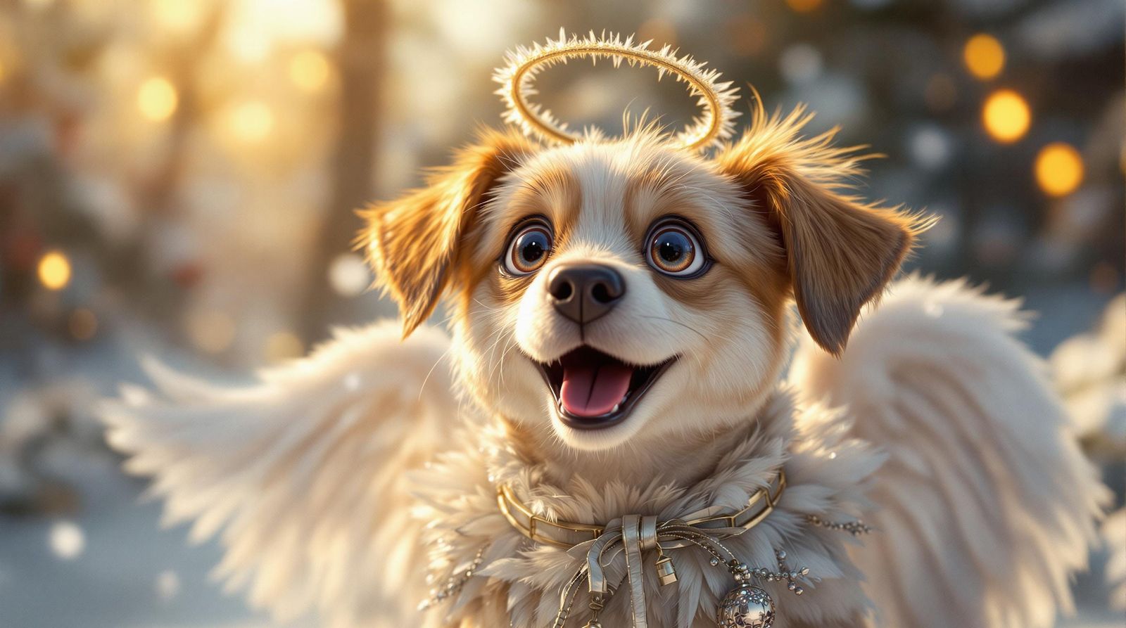 Hyper-Realistic 3D Christmas Angel Dog in Snowy Scene