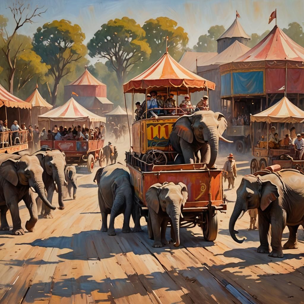 Vintage Circus Parade in Impressionistic Oil Painting