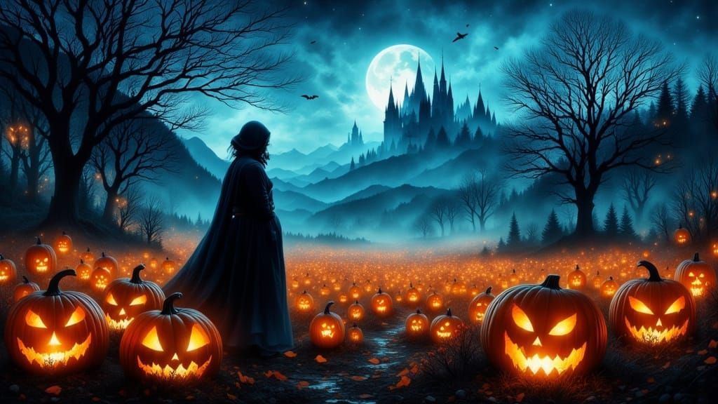 Gothic Vampire Halloween Scene with Castle and Pumpkins