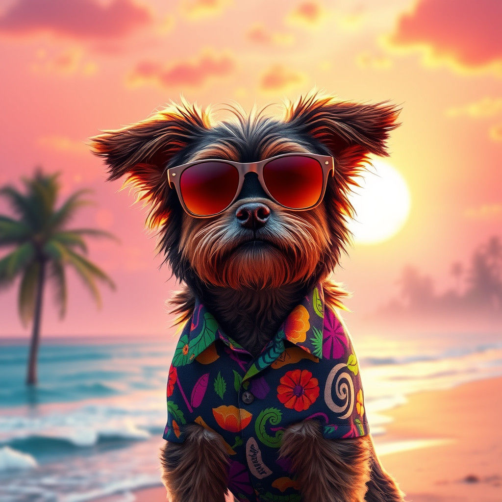 Dog with Sunglasses on Beach at Sunset