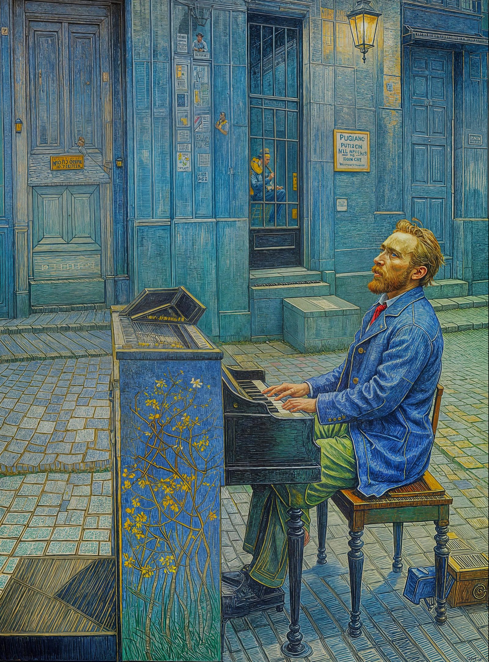 Street Musician Piano Performance in Post-Impressionistic St...