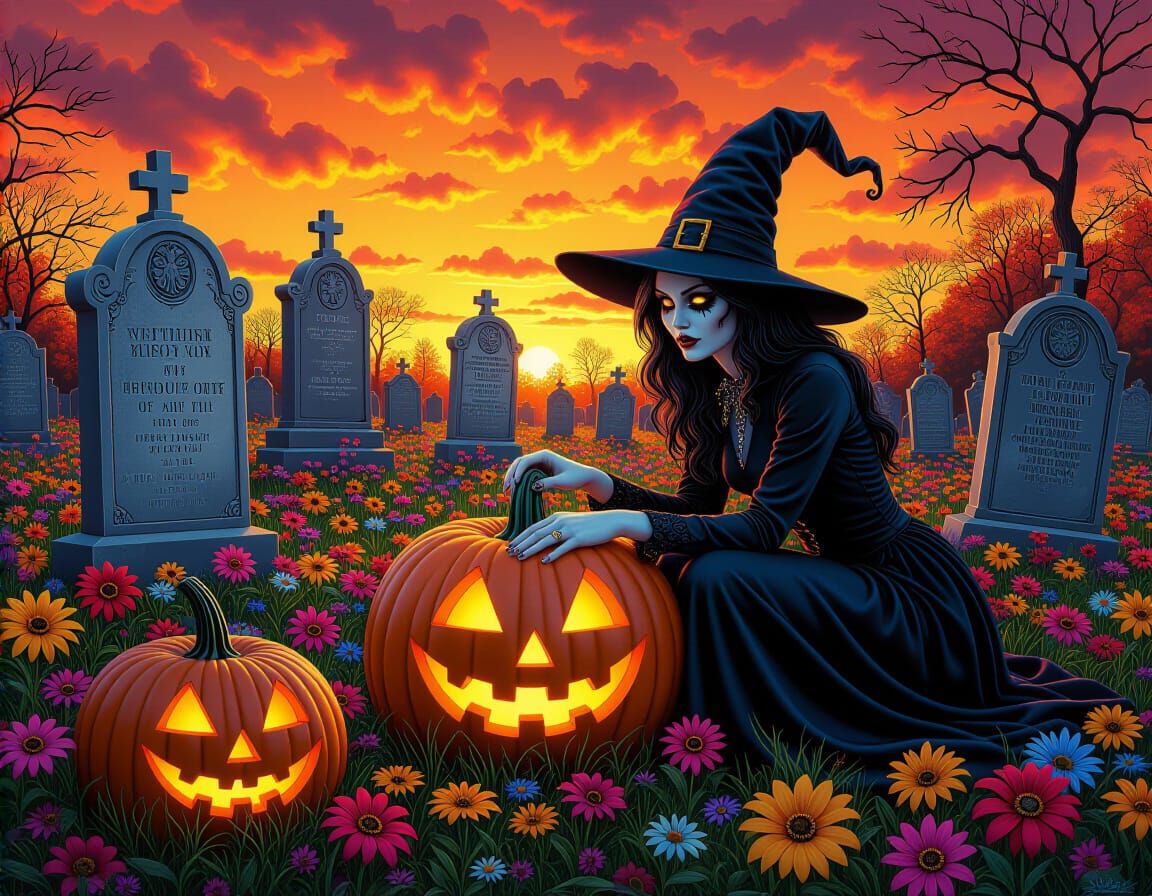 Halloween Graveyard Harvest: Eerie Pumpkins and Flowers