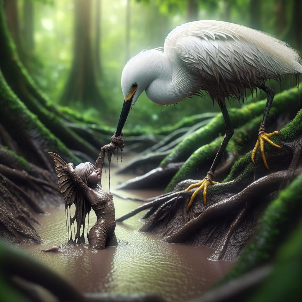 Compassionate Snowy Egret in Primeval Forest Rescue