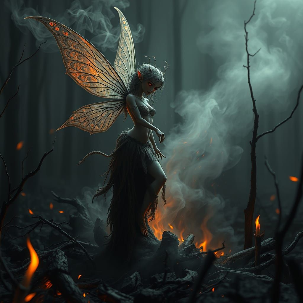 Ethereal Ash Fairy Rising from Charred Forest