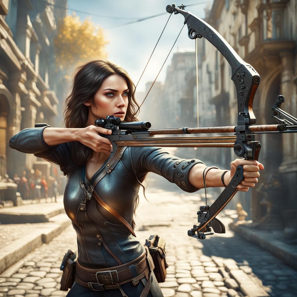 Brunette with Crossbow Aims in Sunny Street, Realistic 4K