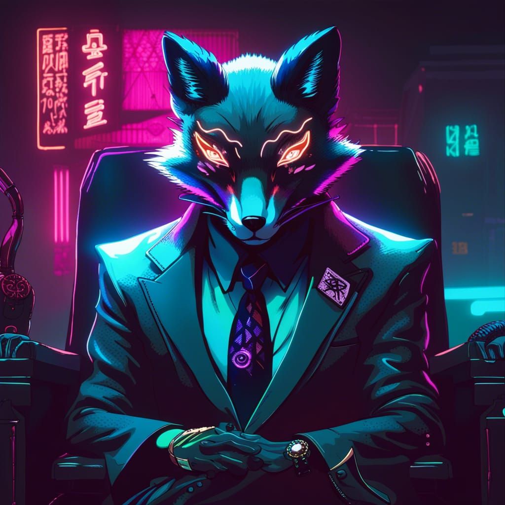 Fox Yakuza Gangster on Throne in Cyberpunk Style