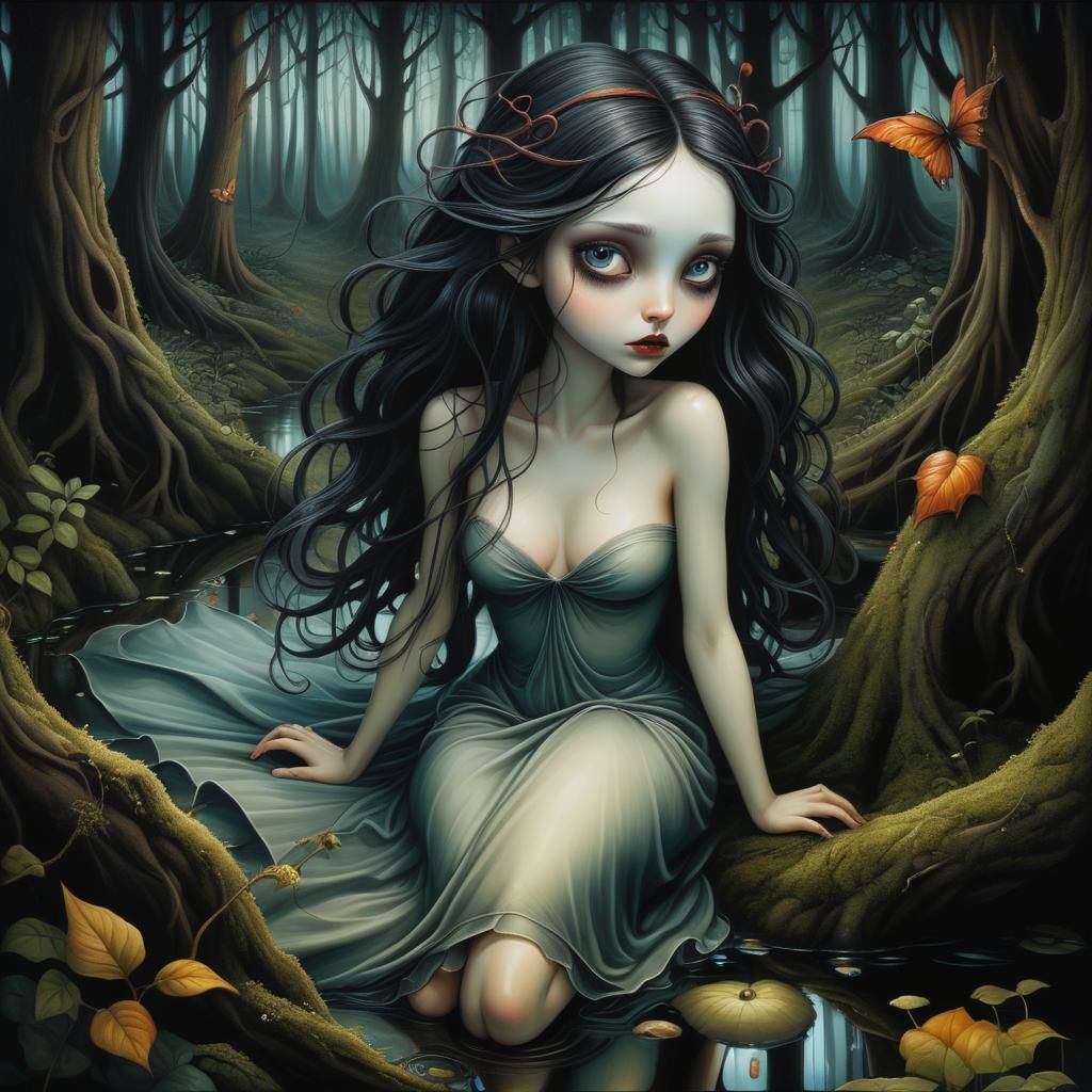 Mystical Woman Emerges from Shadowy Forest