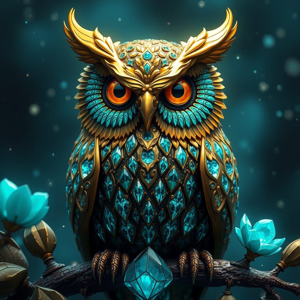 Cyberpunk Owl in Vibrant Metal and Turquoise