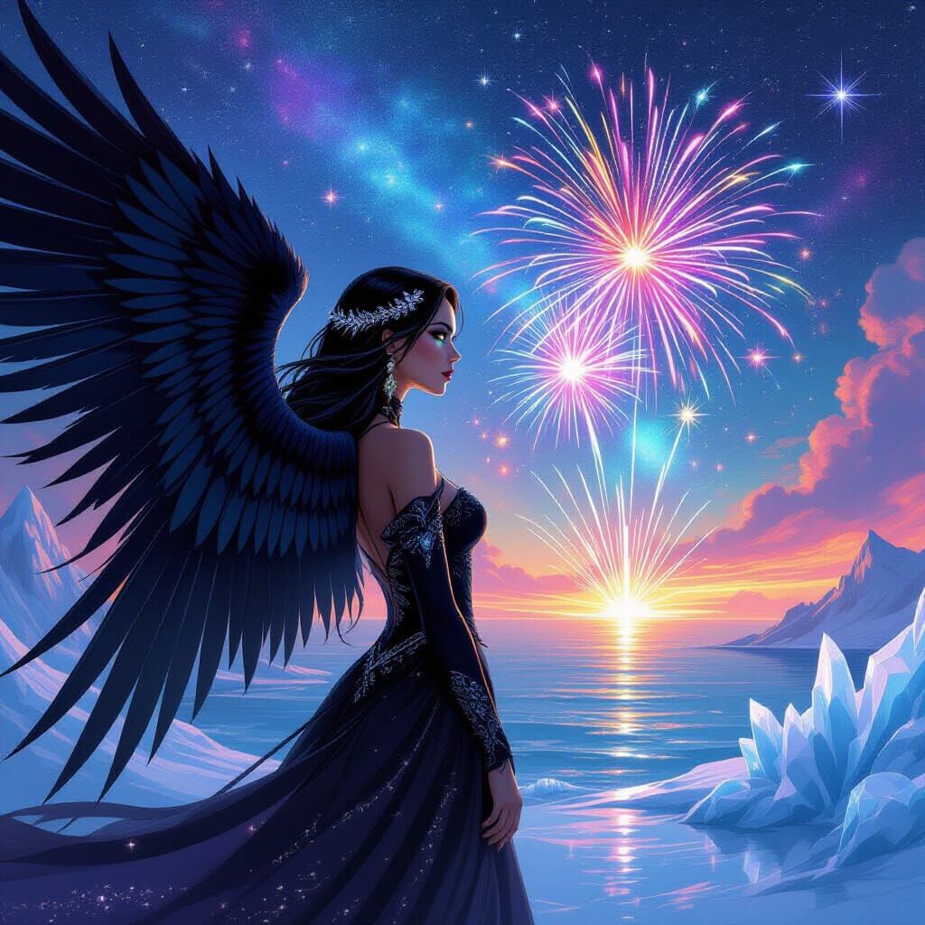 Black Angel Astra Amidst Cosmic Fireworks and Fortune