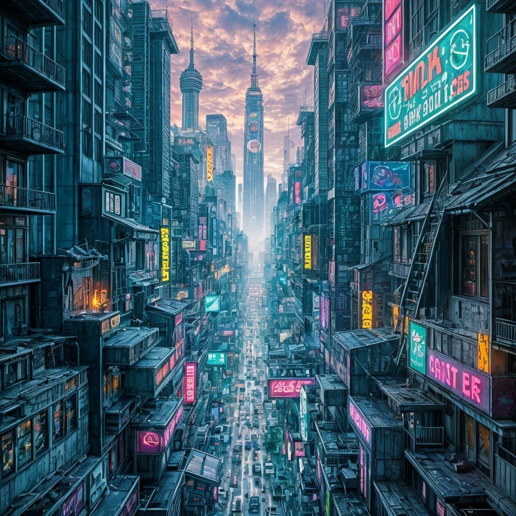 Cyberpunk Cityscape in Surrealist Painting Style