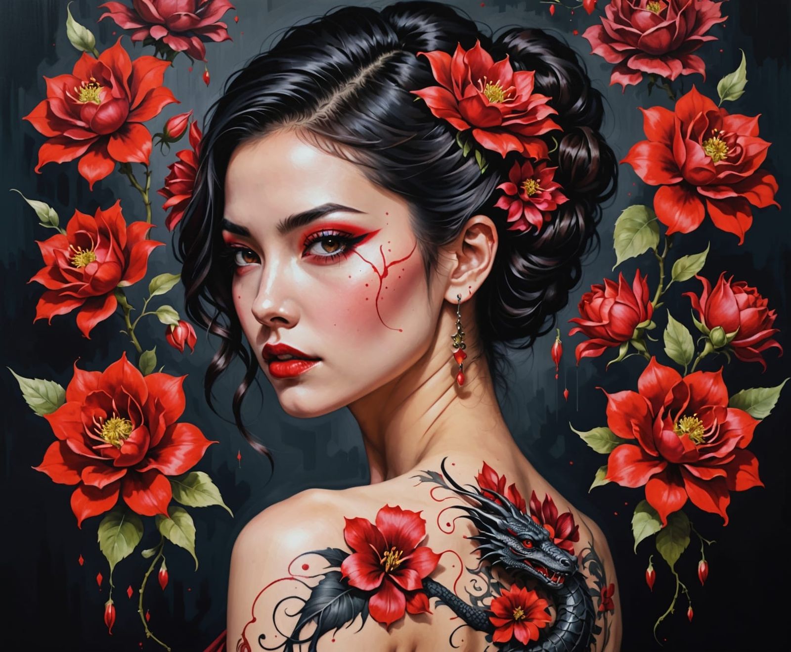 Woman with Dragon Tattoo and Red Flower in Glitchcore Style