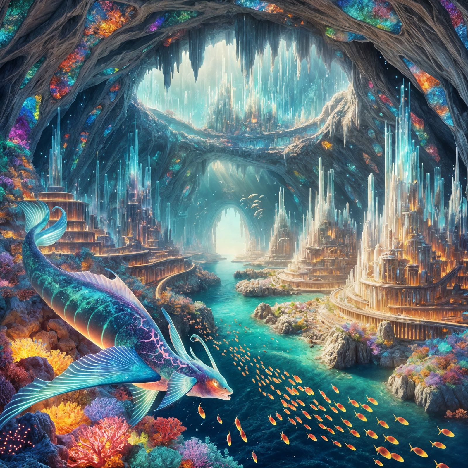 Underwater Geode City with Neon Fish & Sea Dragon