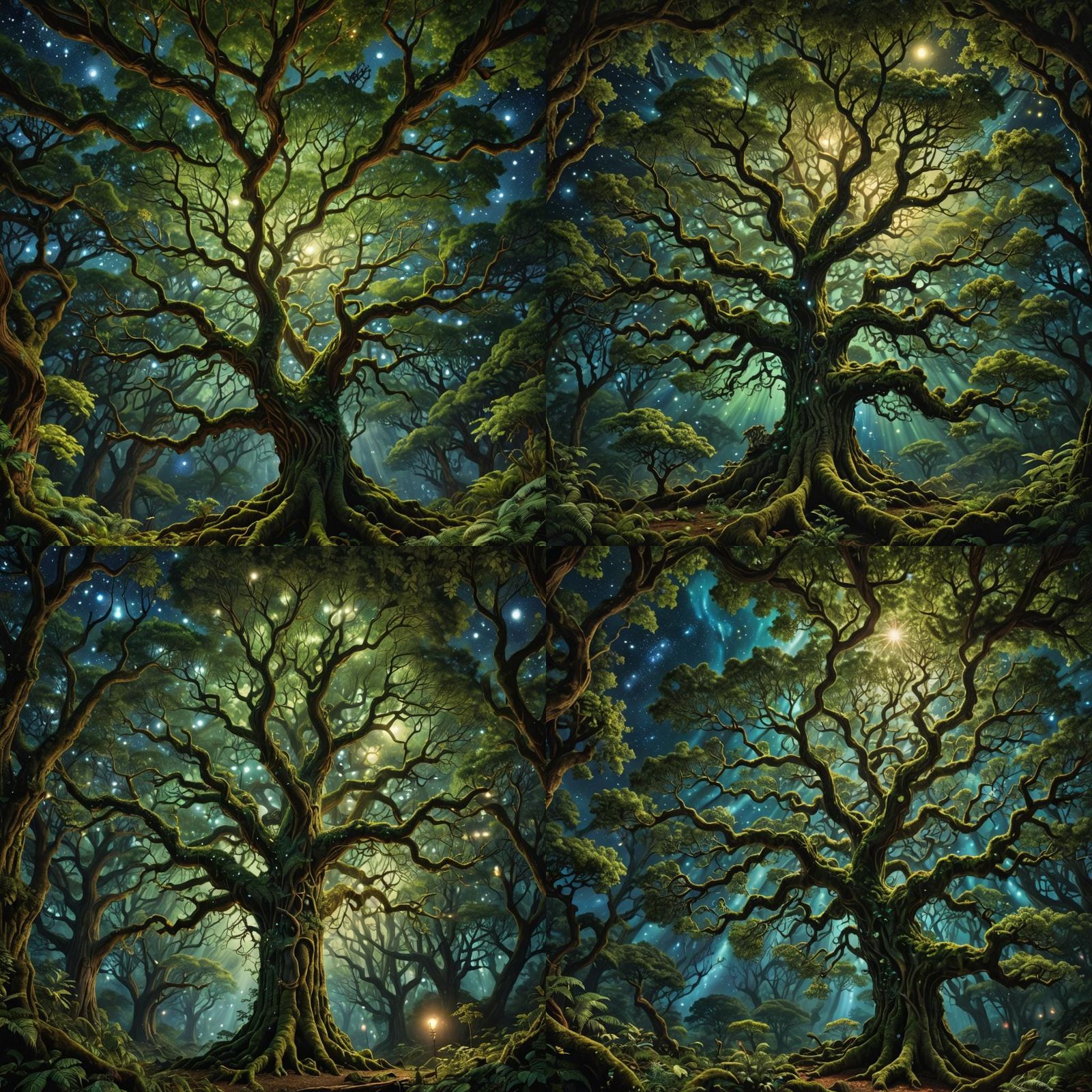 Enchanted Forest: Bioluminescent Canopy Under Cosmic Sky