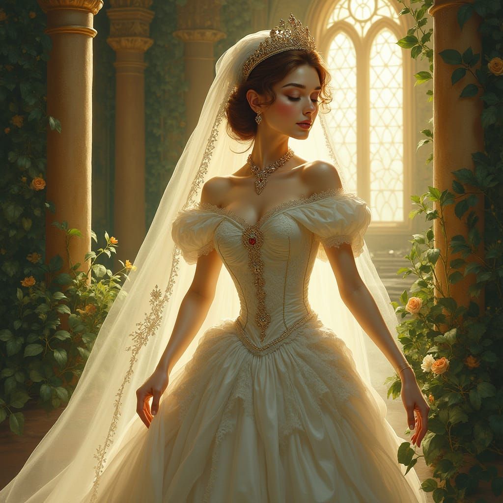 Princess in Lavish Wedding Gown in Ornate Castle