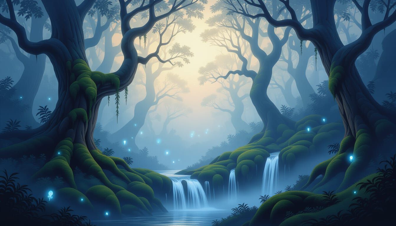 Enchanted Twilight Forest with Glowing Mist and Waterfall