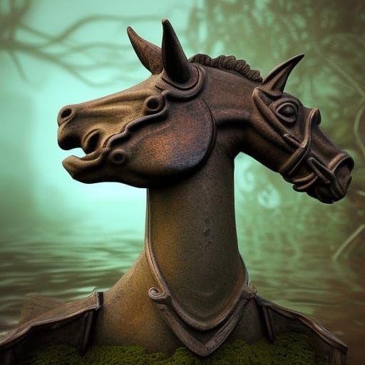 Underwater Mossy Carousel Horse Head in Photorealistic Style