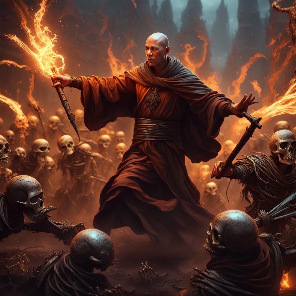 Radiant Monk Battles Skeleton Army in Fantasy Art