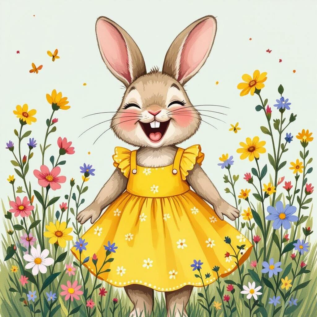Joyful Bunny Laughing in Wildflowers: Whimsical Illustration