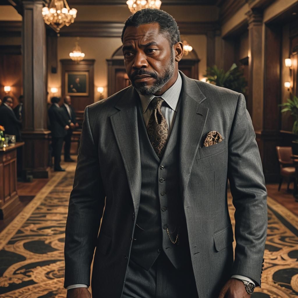 Stern Man in Gray Suit in Somerset Club Lobby